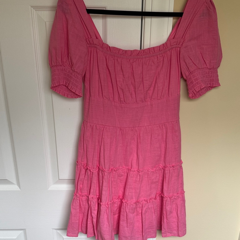 Altar'd State Pink Smocked Puff-Sleeve Tiered Dress